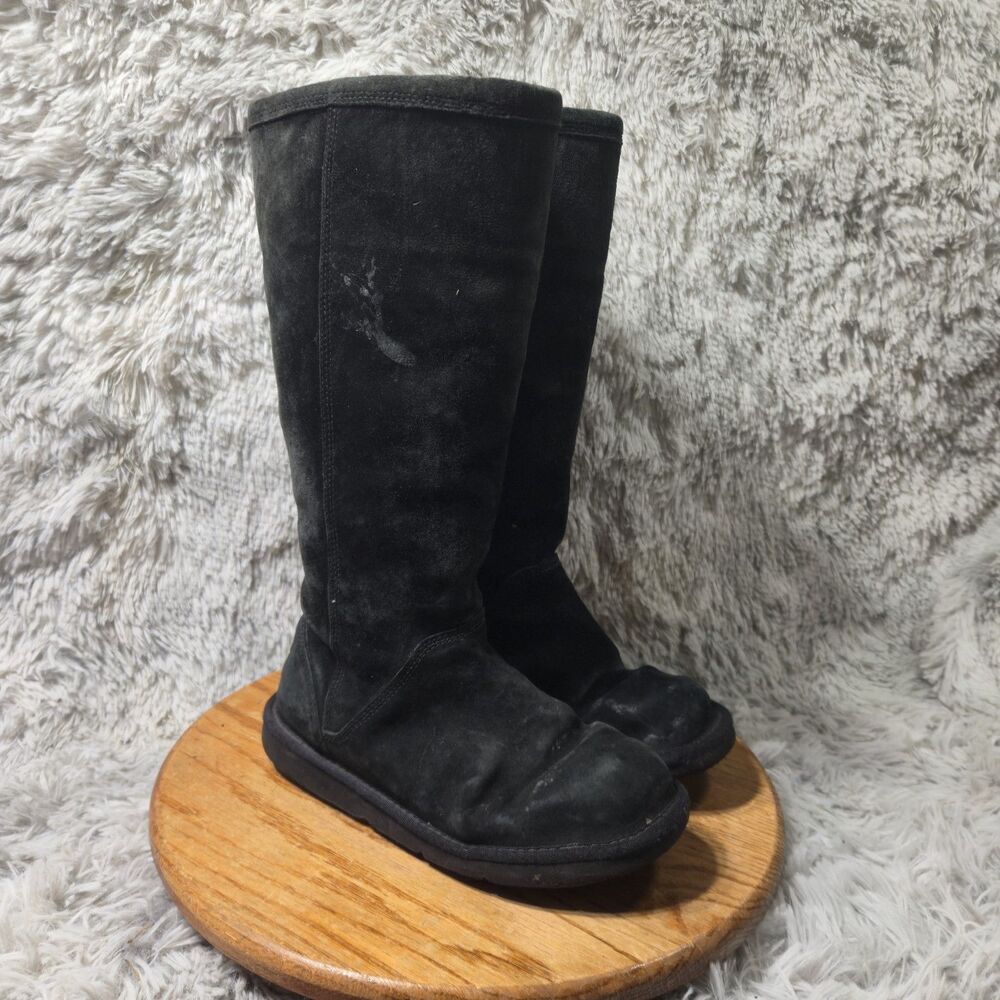 UGG Australia Greenfield Black Suede Sheepskin Side Zip Tall Womens Boots Size 7